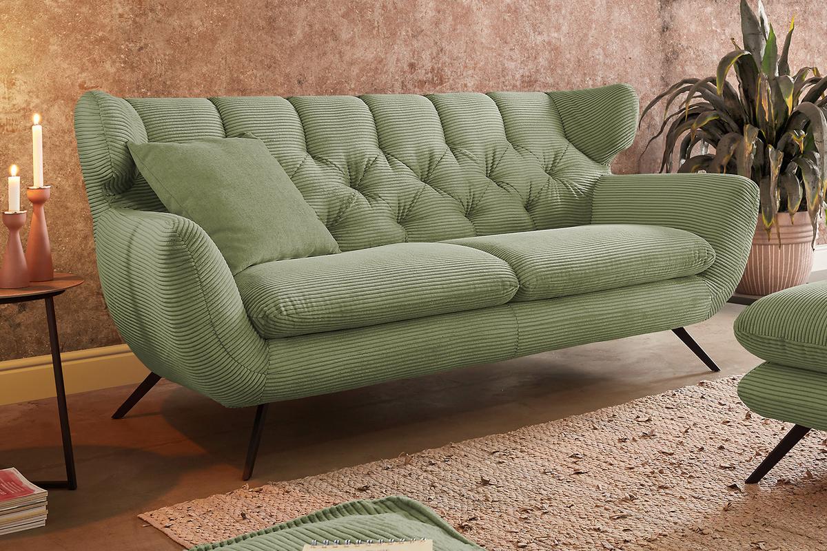 SOFA CHARME Grün Cord - Schwarz/Olivgrün, Textil/Metall (175/94/95cm) - KAWOLA