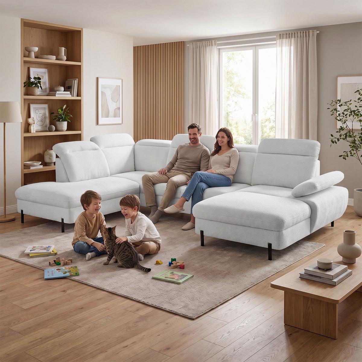 WOHNLANDSCHAFT Sora U mit Schlaffunktion und verstellbarer Sitztiefe, Kopfstützen und Armlehne, 365 cm, Hellgrau, Rechts - Hellgrau/Schwarz, Textil (365/107/235cm) - Beautysofa