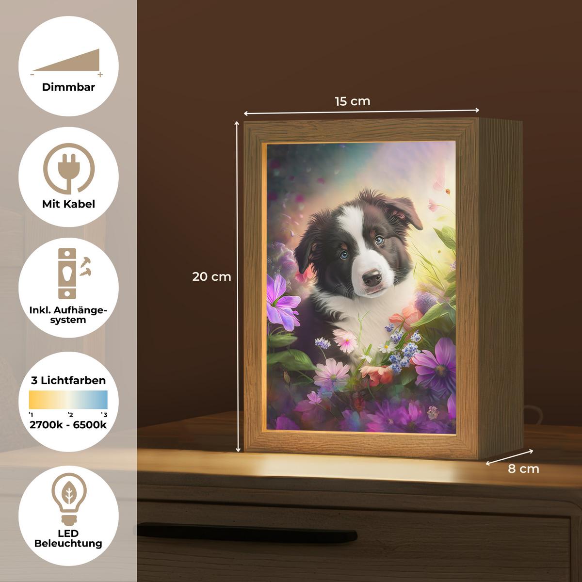 NACHTTISCHLAMPE Welpe - Sonne - Blumen - Natur - Border Collie - Hund 15x20 cm - Violett, Holzwerkstoff (8/15/20cm) - OnlyWow