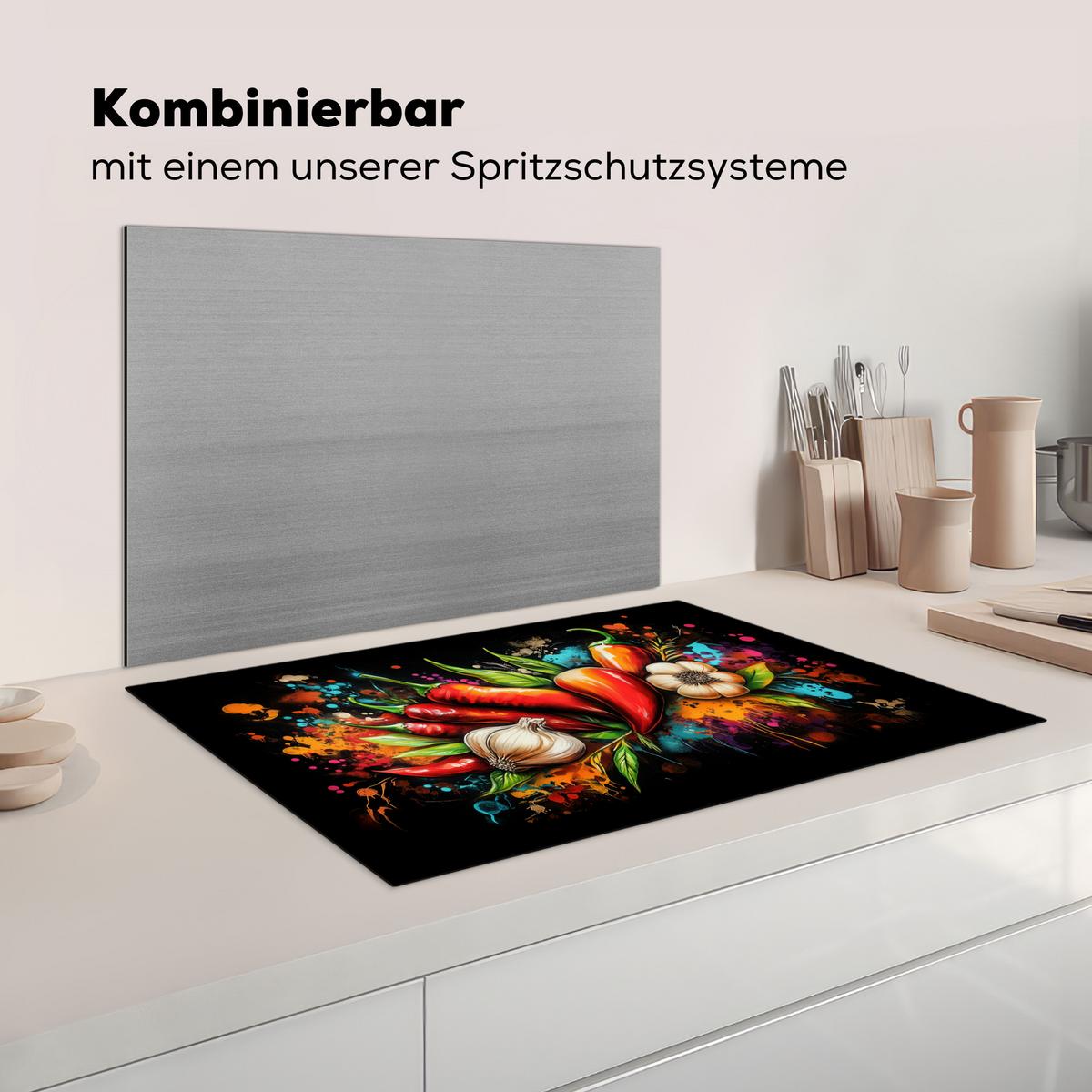 HERDABDECKPLATTE Gemüse - Paprika - Knoblauch - Graffiti - Farbe - Bunt Induktionsschutz 80x52.2 cm - Rot, Kunststoff (80.2/52.2/0.2cm) - MuchoWow