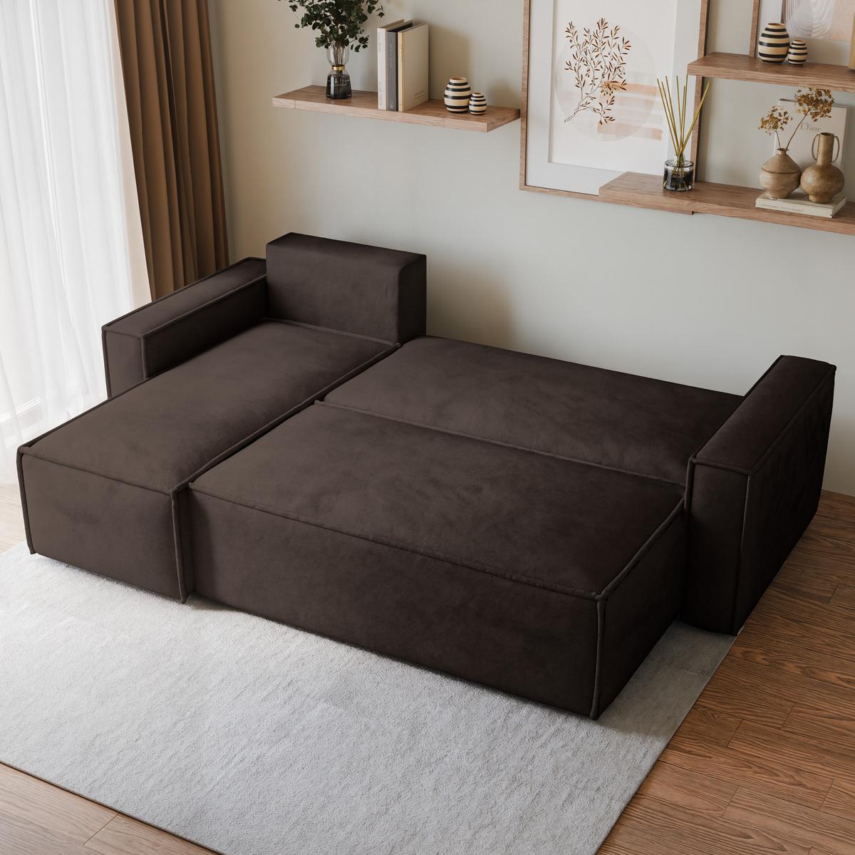 ECKSOFA RAVELO M Braun Velours-Stoff mit Schlaffunktion - Braun/Grau, Holz/Kunststoff (240/140cm) - MASSENO