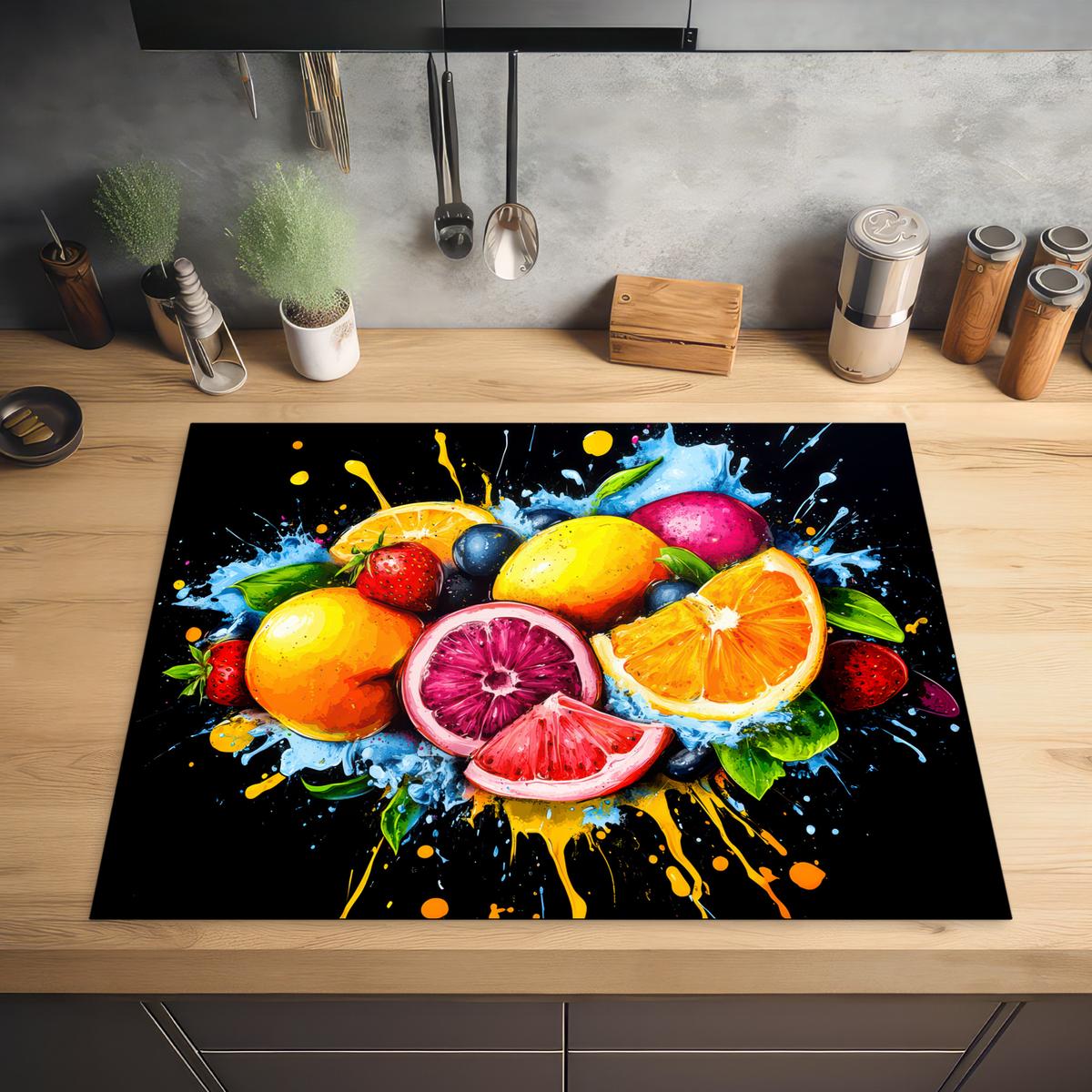 HERDABDECKPLATTE Obst - Graffiti - Bunt - Orange - Erdbeere - Abstrakt Induktionsmatte 77x59 cm - Orange, Kunststoff (77/59/0.2cm) - MuchoWow