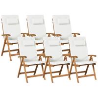 GARTENSTUHL 6er-Set und Sitzkissen Akazienholz Cremeweiß Java Premium - Hellbraun, Holz (54/105/69cm) - Beliani