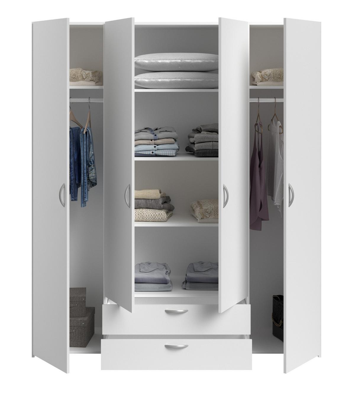 KLEIDERSCHRANK weiß 160 cm 4-türig, Drehtürenschrank - Silberfarben/Weiß, Holzwerkstoff/Kunststoff (160/185/51cm) - Furn.Design