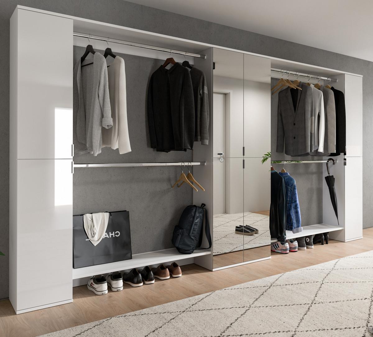 GARDEROBENSCHRANK weiß Hochglanz 232 cm, Schuhschrank XXL, mit Spiegeltüren - Chromfarben/Weiß Hochglanz, Holzwerkstoff/Kunststoff (341/193/34cm) - Inn.Furn