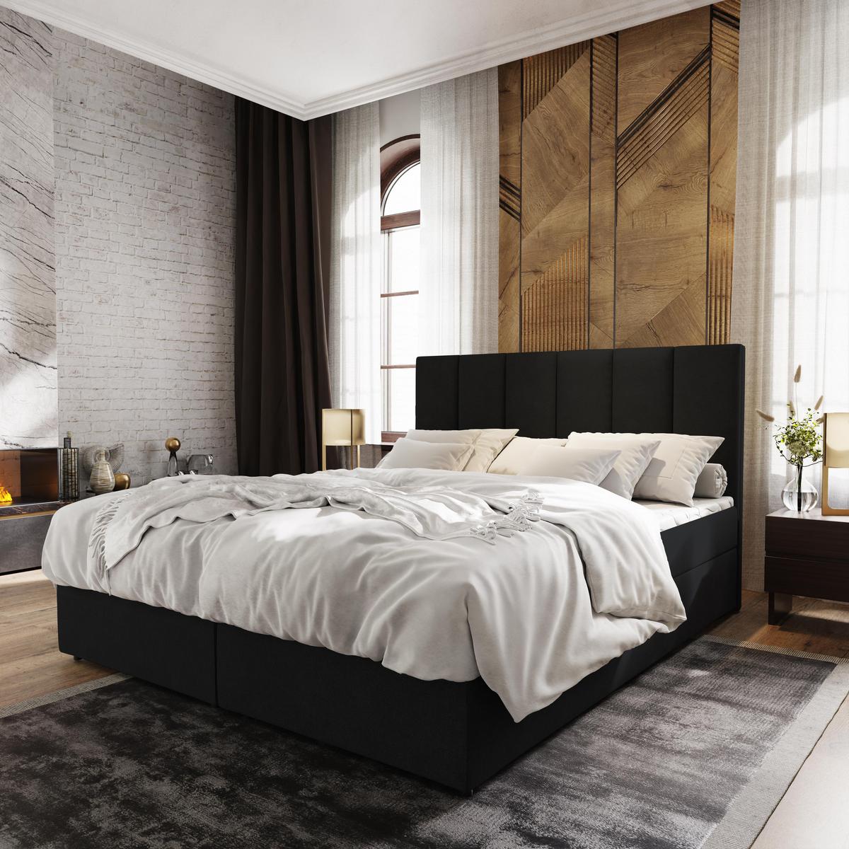 BOXBETT MERIL 180x200 cm mit Matratze und Topper - Schwarz - Schwarz, Holz (180/200cm) - MASSENO