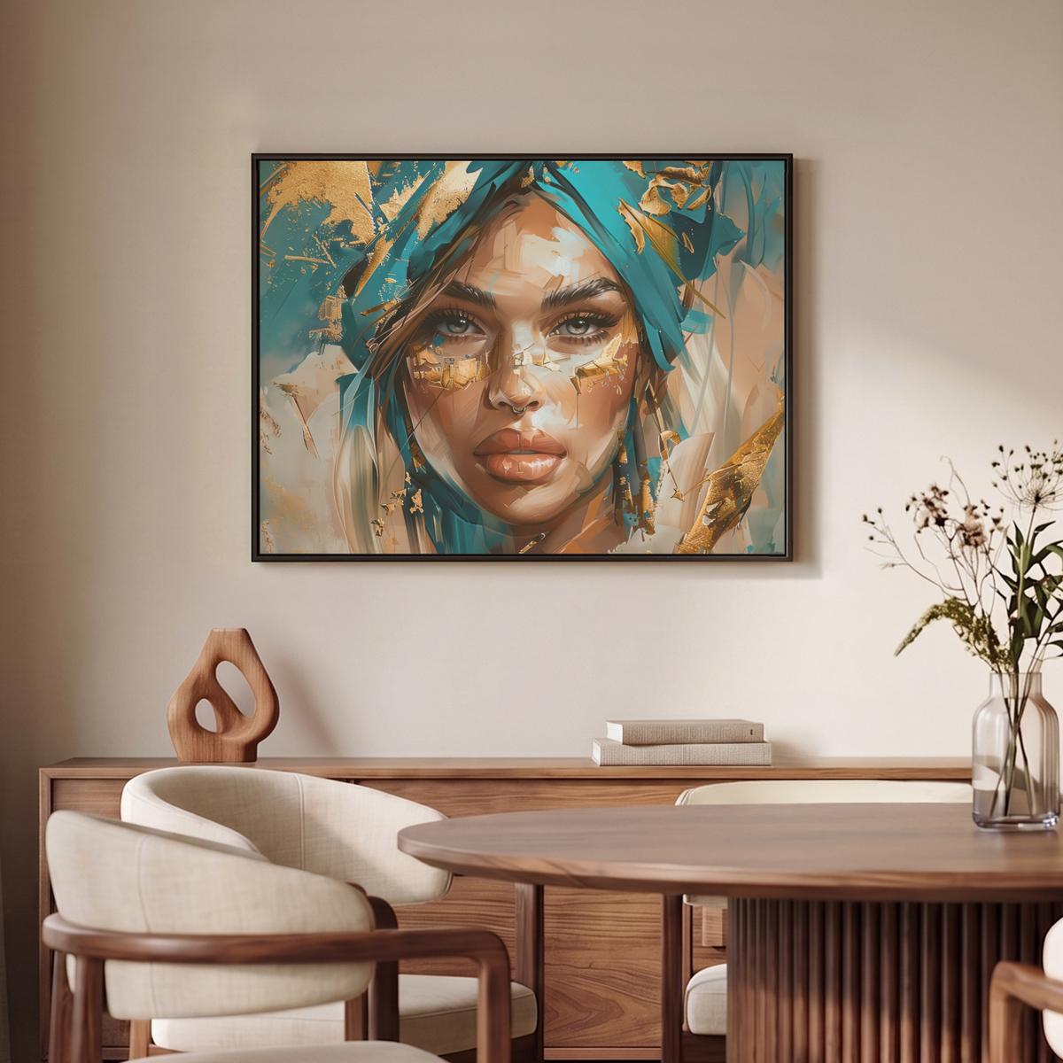 LEINWAND Bilder mit Rahmen - Frau - Porträt - Gold - Luxus - Blau - 80x60 - Türkis, Textil (80/60cm) - MuchoWow
