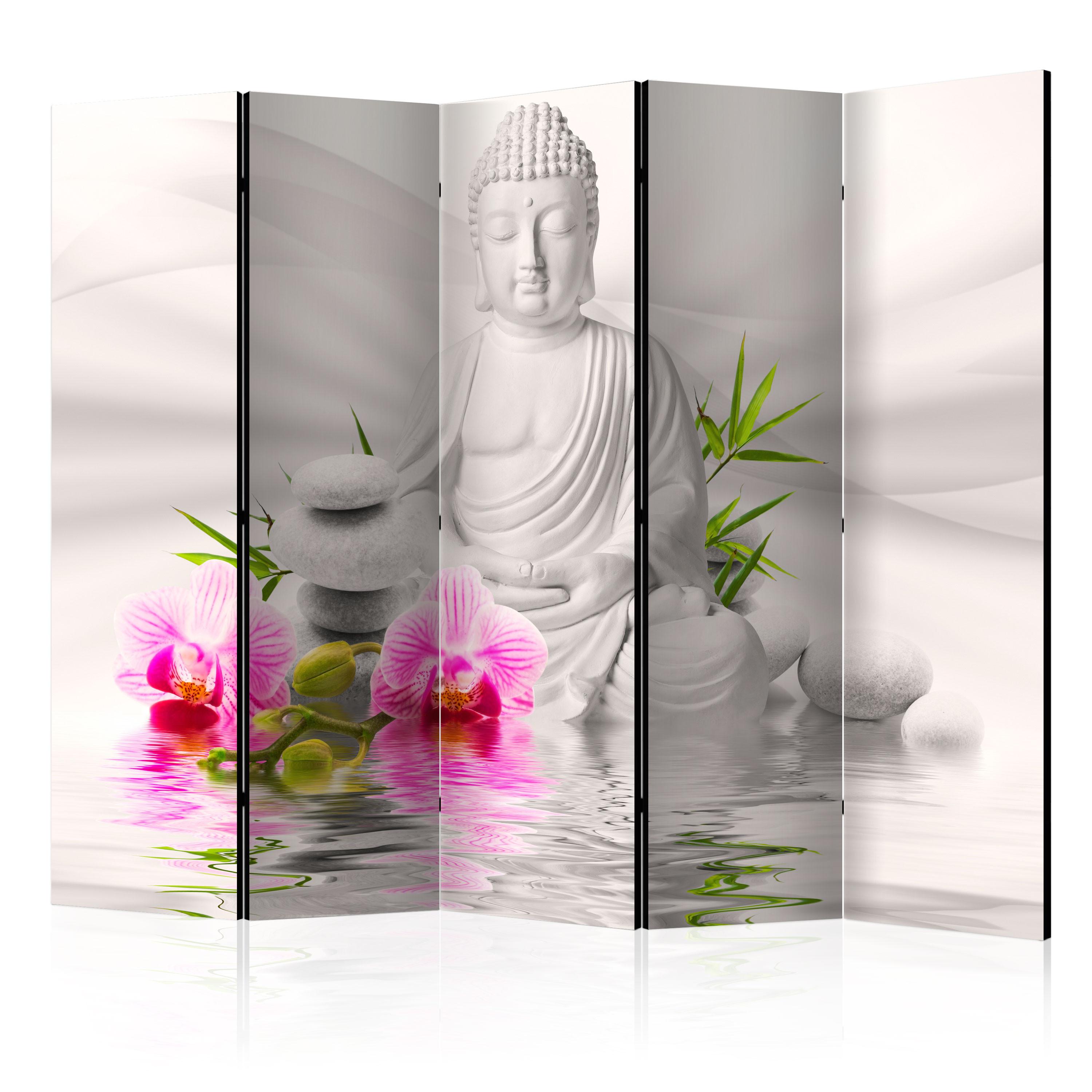 PARAVENT Beidseitig Bedruckter 5-tlg 225x172 cm Buddha Statue Orchideen - Grau, Holz/Textil (225/172/3cm) - Muralo