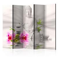 PARAVENT Beidseitig Bedruckter 5-tlg 225x172 cm Buddha Statue Orchideen - Grau, Holz/Textil (225/172/3cm) - Muralo