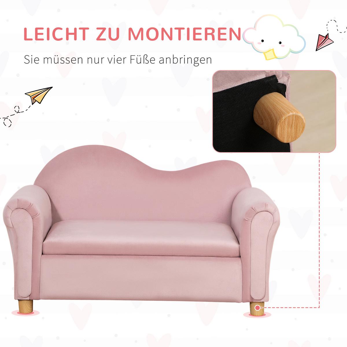KINDERSOFA Kindercouch mit Stauraum, Spielsofa, Zweisitzer für Kinder 3-5 Jahre - Rosa, Kunststoff (41.5/48.5/84cm) - HOMCOM