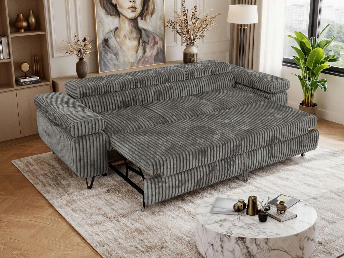 3-SITZER SOFA PETER mit Schlaffunktion - Grau Cord - Schwarz/Grau, Textil/Metall (262/76/99cm) - MKS