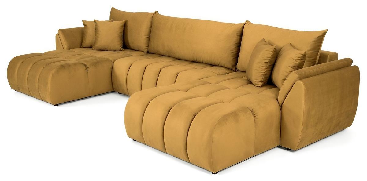 ECKSOFA Iris U mit Schlaffunktion und Bettkasten, U-Form – Senfgelb Samt 382/184/85 cm - Dunkelgelb/Schwarz, Kunststoff/Textil (382/184cm) - WFL GROUP