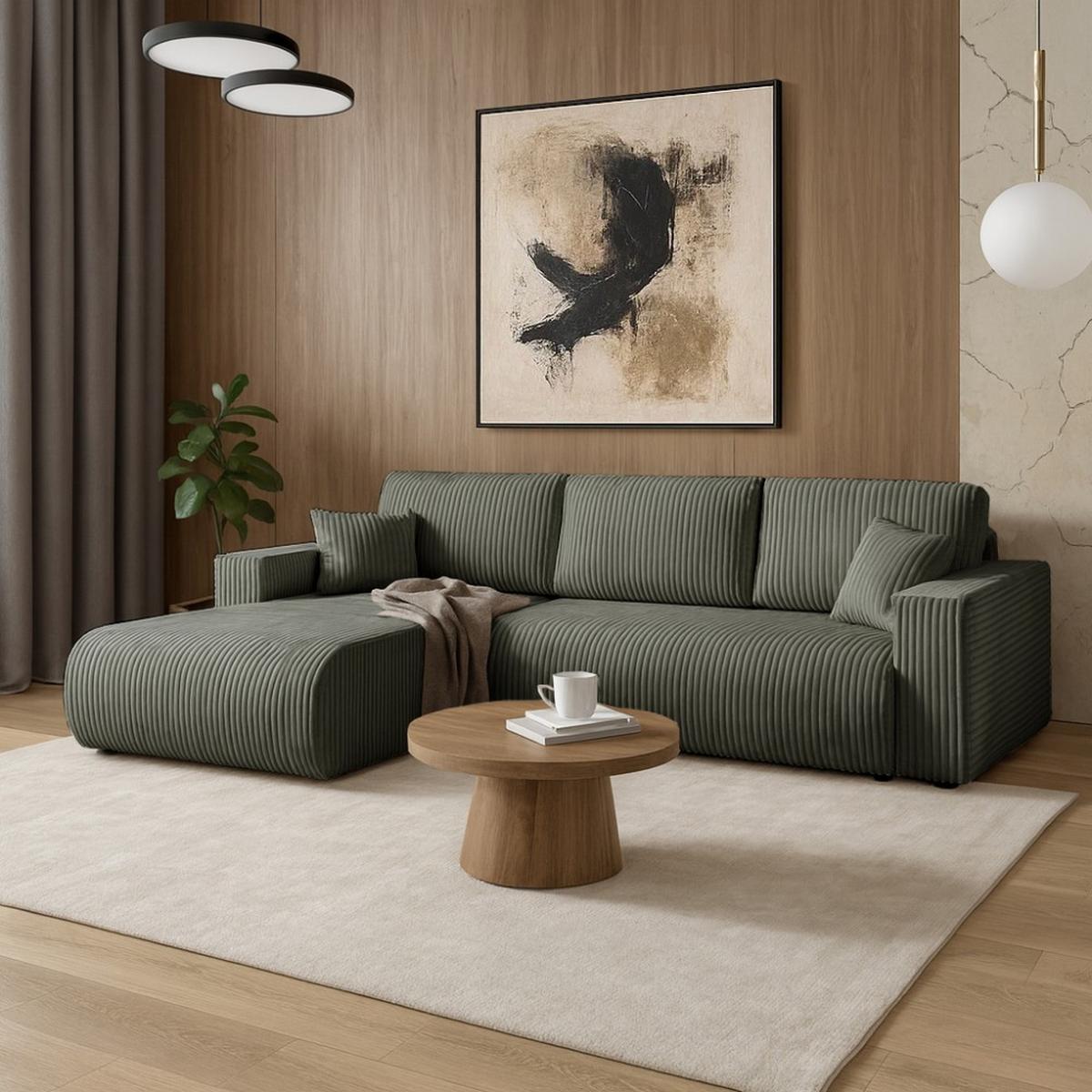 ECKSCHLAFSOFA Porto mit universelle Ottomane, Grün - Schwarz/Grün, Textil (288/190cm) - Beautysofa