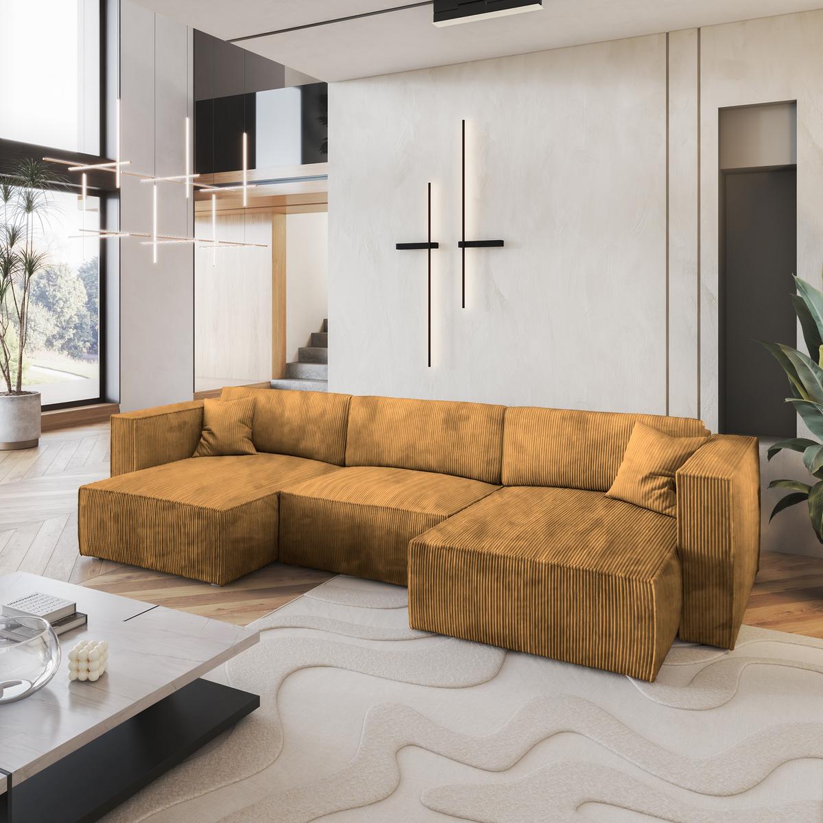 WOHNLANDSCHAFT SARMO P Gelb Kordstoff mit Schlaffunktion - Gelb/Grau, Holz/Kunststoff (347/70/148cm) - MASSENO