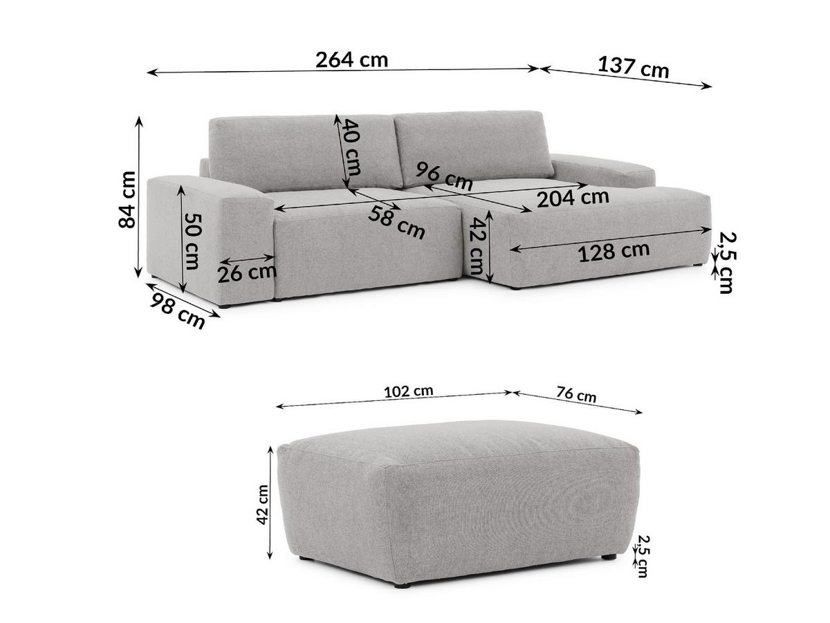 ECKSOFA inkl. Hocker Lennon aus Hellgrau Strukturstoff mit Schlaffunktion und Bettkasten - Hellgrau/Schwarz, Holz/Kunststoff (264/137cm) - S-Style