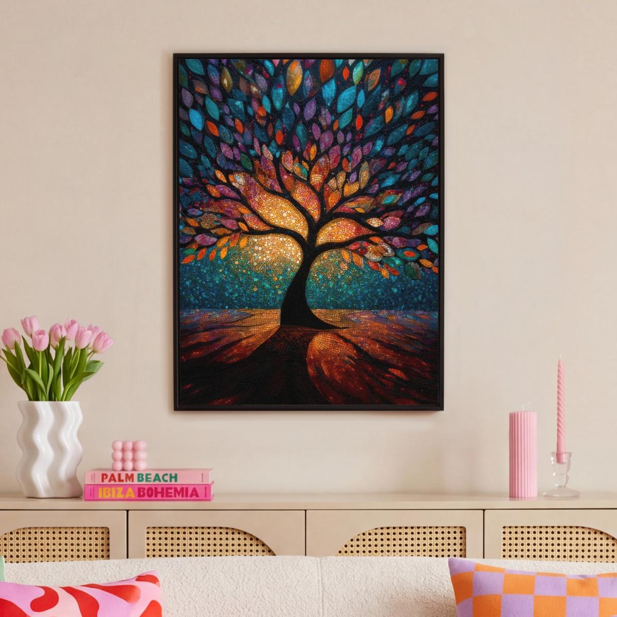 LEINWAND Bilder mit Rahmen - Mosaik - Bunt - Baum - Äste - 70x100 - Multicolor, Textil (70/100cm) - MuchoWow