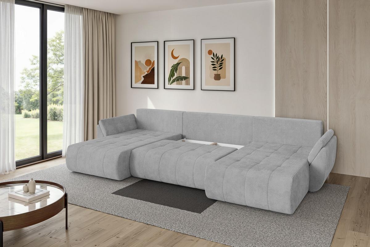 WOHNLANDSCHAFT mit Schlaffunktion und Bettkasten TOKO-U 378x194x86 Grau Cord - Schwarz/Grau, Holzwerkstoff/Kunststoff (378/86/194cm) - ALTDECOR