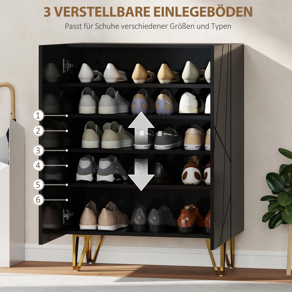 SCHUHSCHRANK mit 2 Türen, Schuhregal, Schuhaufbewahrung mit 3 Ablagen Schwarz - Schwarz Hochglanz/Goldfarben, Holzwerkstoff/Metall (31.5/95/72cm) - HOMCOM