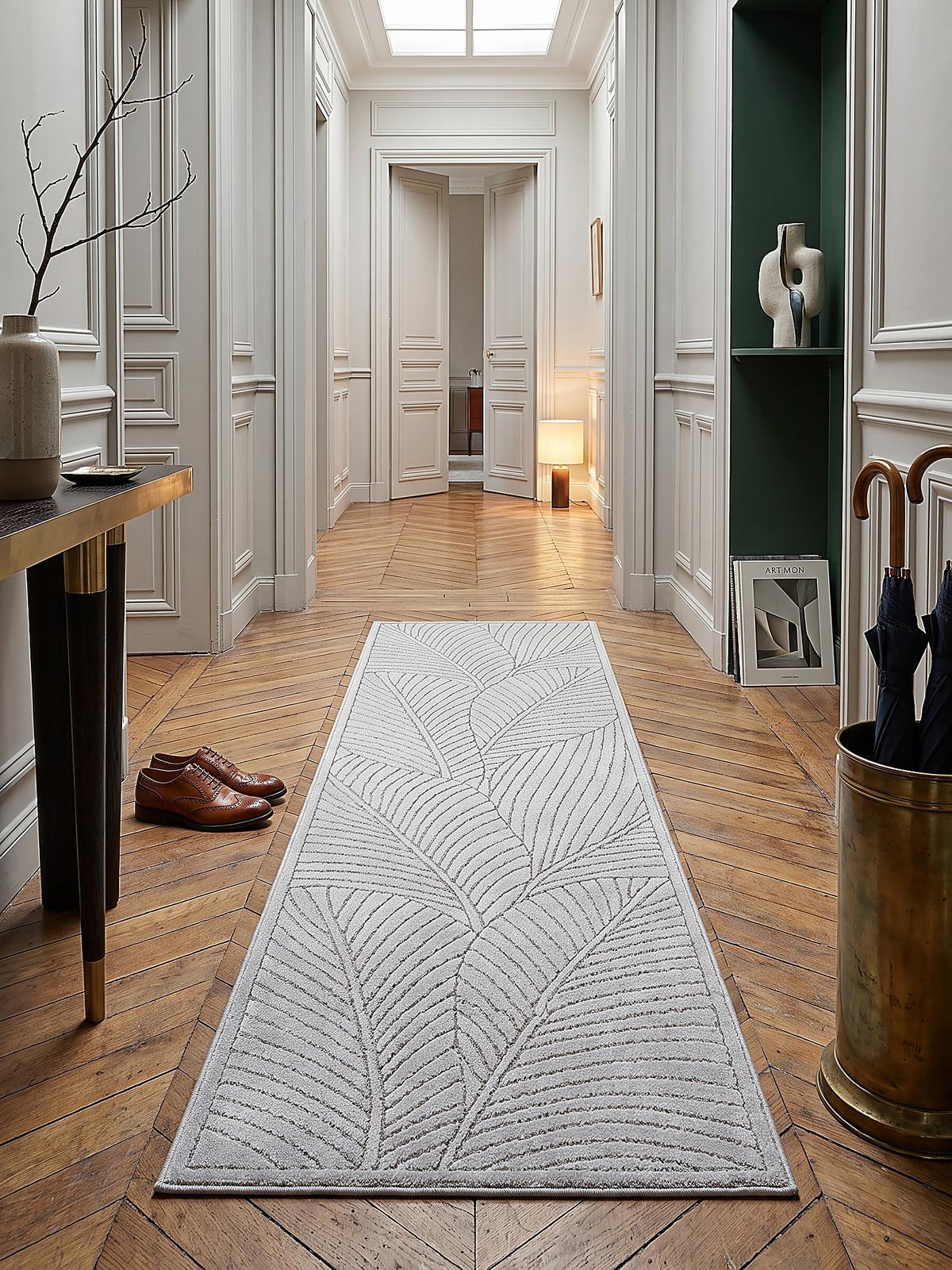 LÄUFER Outdoor, Fußbodenheizung-geeignet, mit Blattmotiv, ENGADIN in Silbergrau, 80 x 150 cm - Grau, Textil (80/150cm) - KADIMA DESIGN