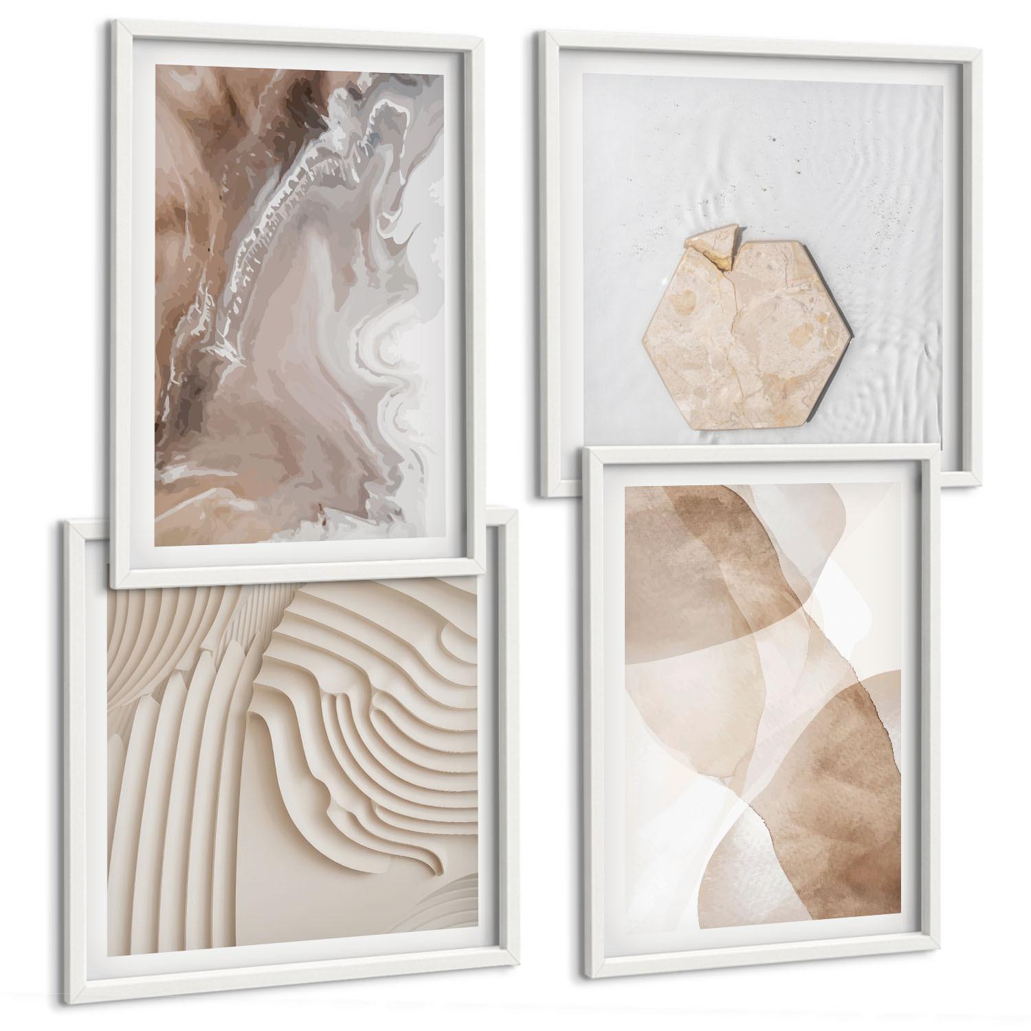 BILDER SET 4er Set - 50x50 cm & 40x60 cm Weißer Rahmen - Abstrakte bemalte Strukturen - Weiß, Kunststoff (50/50cm) - TULUP