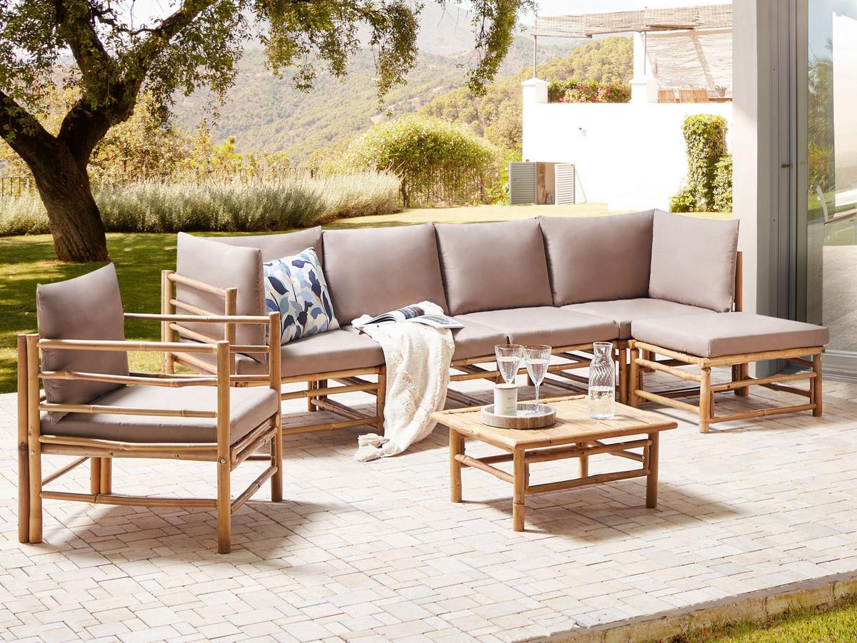 LOUNGE SET 6-Sitzer Bambusholz hellbraun 3-teilig Auflagen taupe Cerreto - Taupe, Holz - Beliani