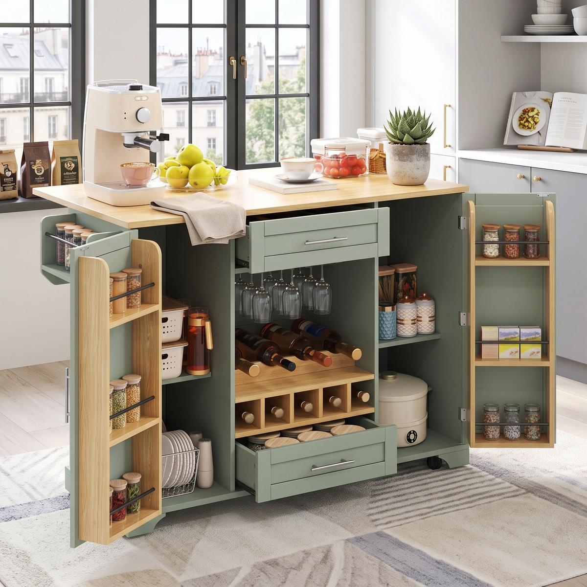 KÜCHENINSEL Antique Green Mit Klapptisch, Weinregal & Rollen - Waldgrün, Holzwerkstoff (138/92/70cm) - Urban Meuble