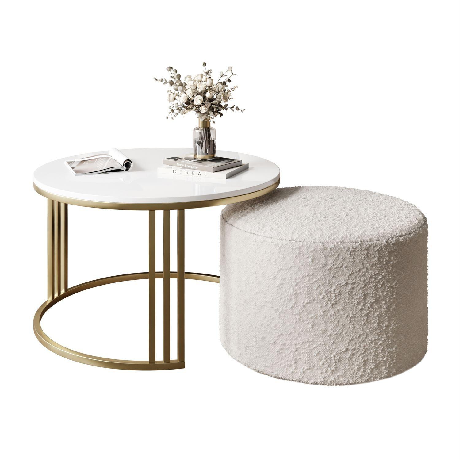 COUCHTISCH mit Hocker LORI Hochglanz gebürstetes Gold/weißer Glanz/Coral 65 - Weiß, Metall (70/70/49cm) - Lookway