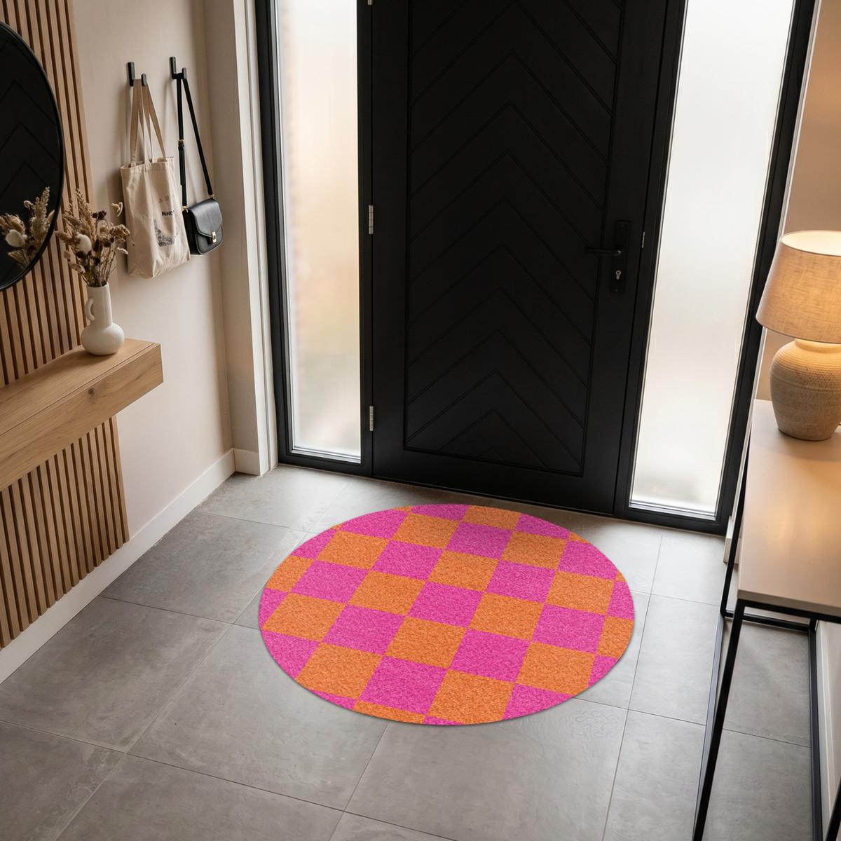 FUSSMATTE Schachbrettmuster - Orange - Rosa - Blöcke Schmutzfangmatte 120x120 cm - Pink, Kunststoff (120/0.4cm) - MuchoWow