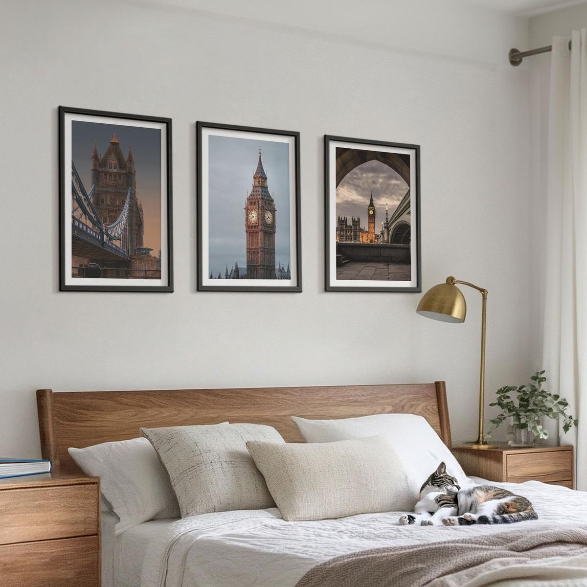 BILDER SET 3er Set - 40x60 cm Schwarzer Rahmen - London Bridge Big Ben Uhr - Schwarz, Kunststoff (40/60cm) - TULUP