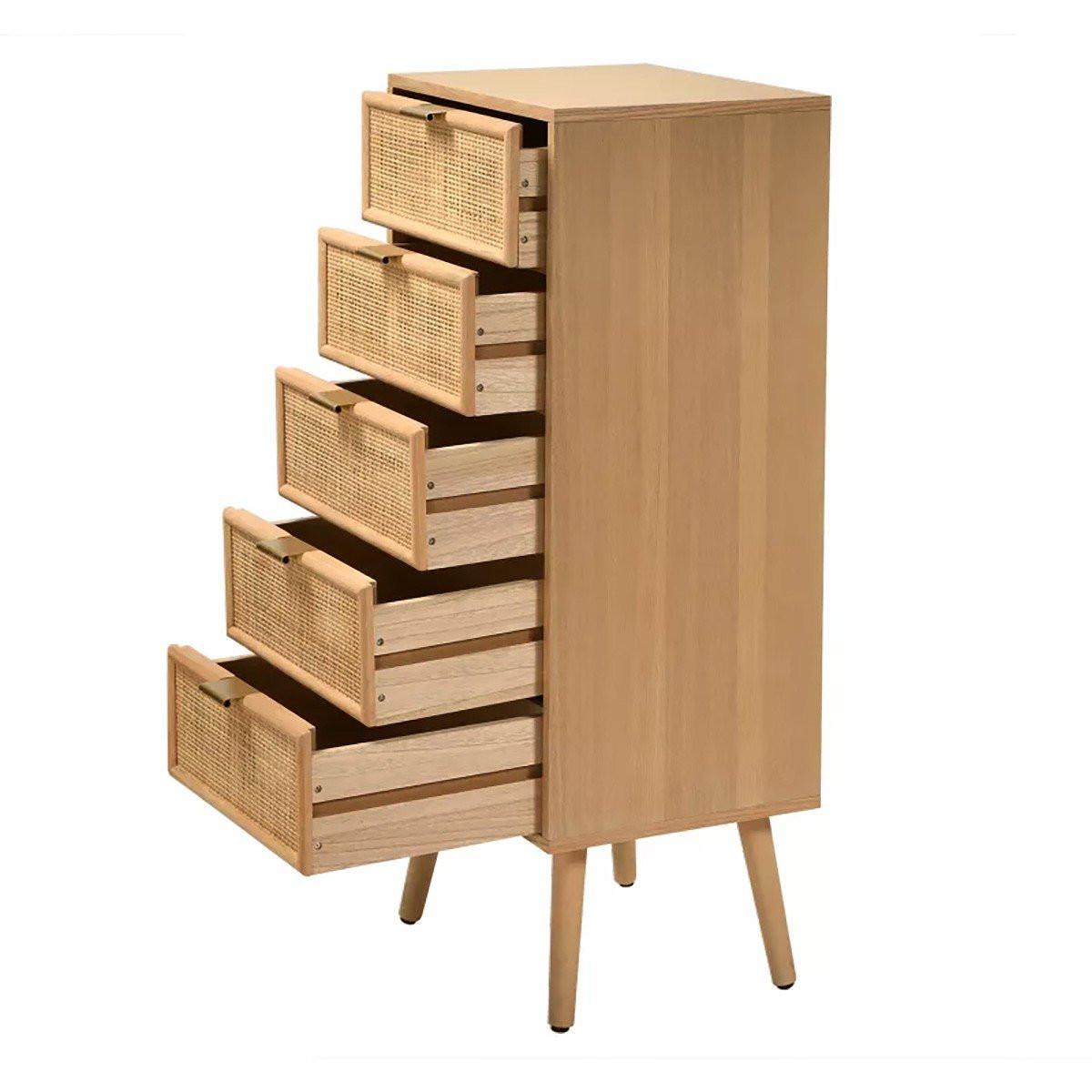 KOMMODE mit 5 Schubladen und Fronten aus natürlichem Rattan - H100,5 cm - Apfelbaumfarben, Holzwerkstoff (42/100.5/36.5cm) - Calicosy