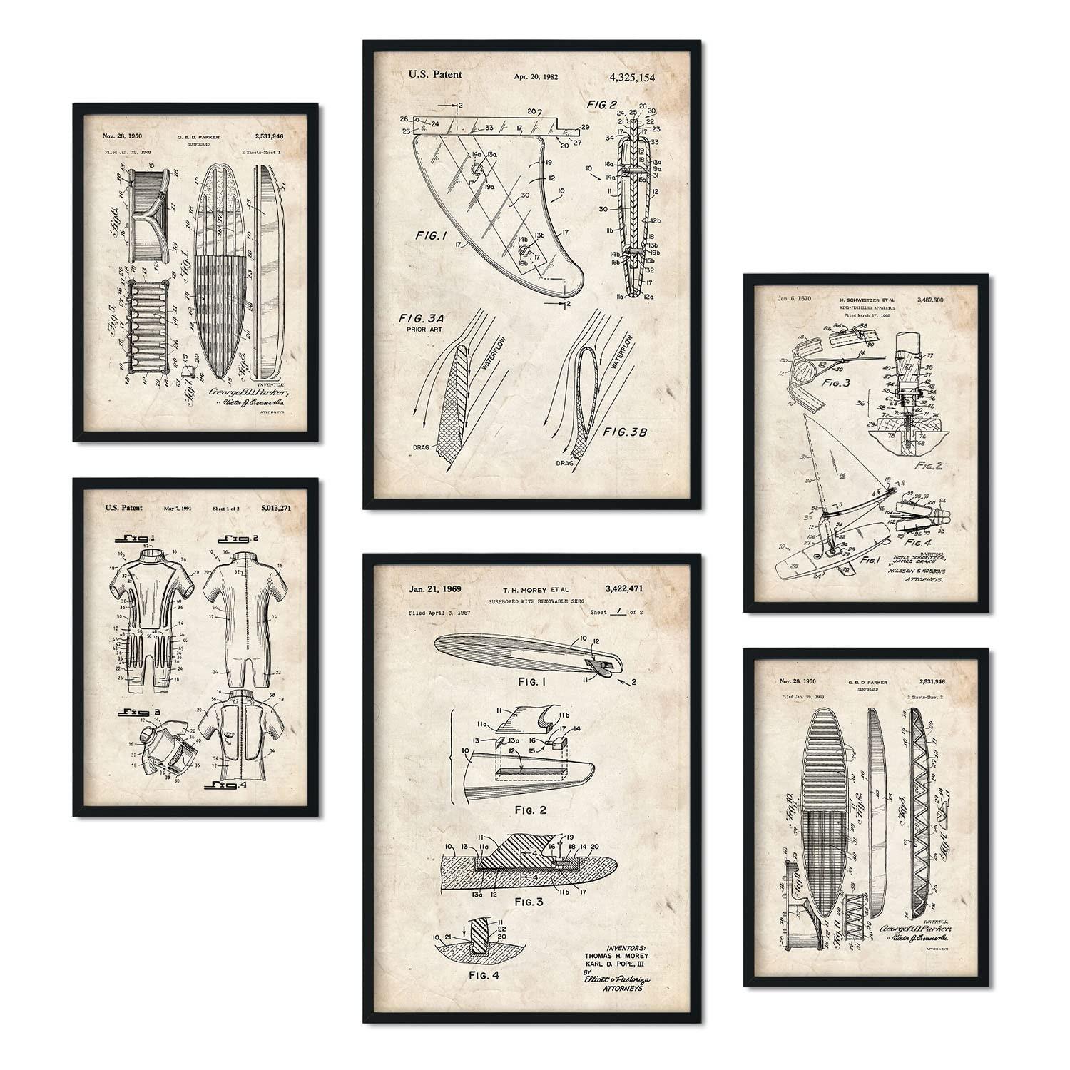 POSTER Set Mit 6 Plakaten Mit Surfen Patenten Im Vintage Stil A3 & A4 Schwarzer Rahmen - Schwarz, Papier (29/3cm) - Nacnic