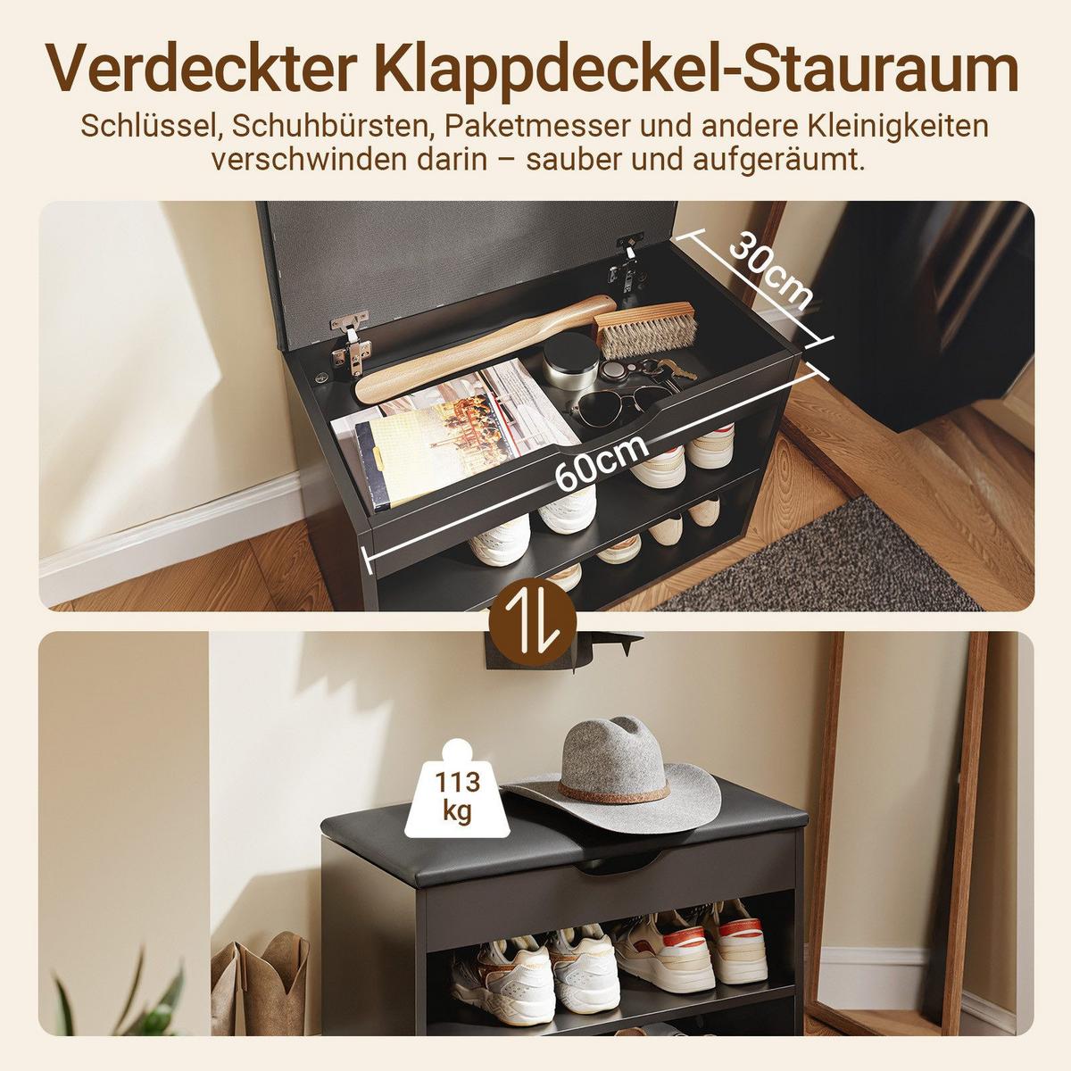 SCHUHBANK mit 2 Ablagen und Sitzkissen Schwarz 60x30x43cm - Schwarz, Holzwerkstoff (30/43/60cm) - SoBuy