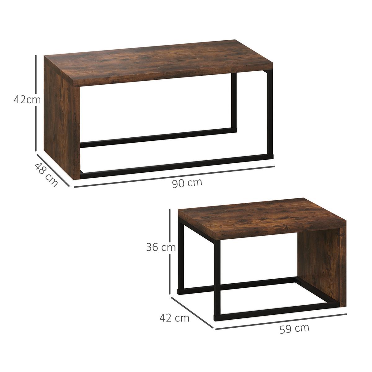 2ER-SET Beistelltisch, Kaffeetisch, multifunktional, Spanplatte, Schwarz+Braun - Braun, Metall (90/48/42cm) - HOMCOM