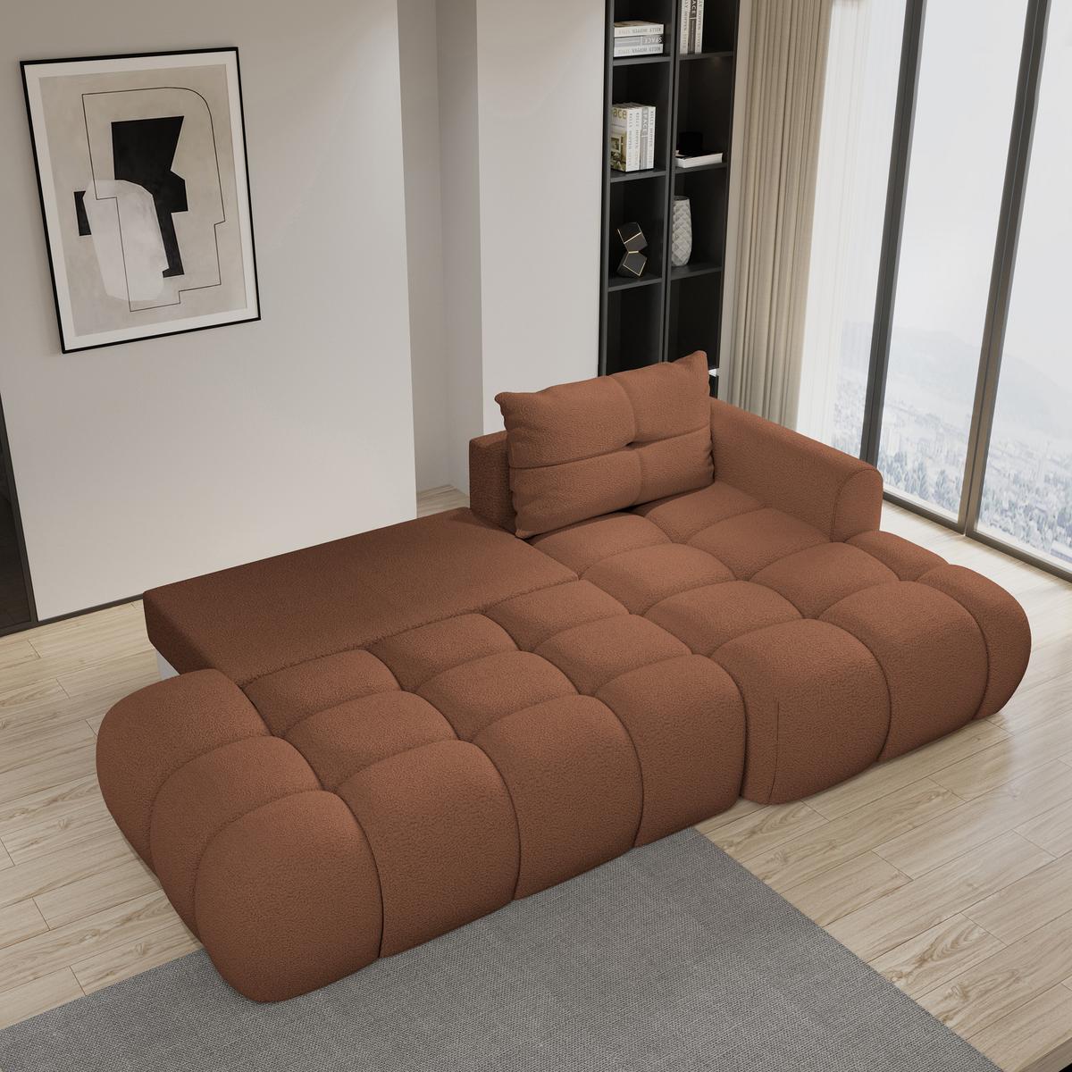 ECKSOFA FLUMA R-S Kupferfarben Boucle-Stoff mit Schlaffunktion - Kupferfarben, Holz (279/158cm) - MASSENO