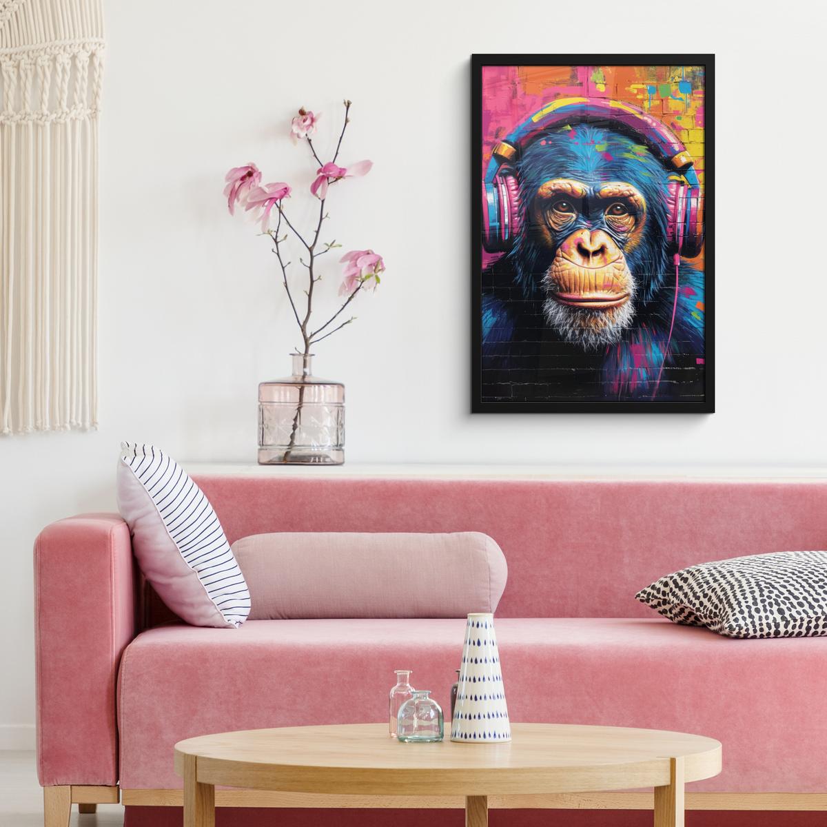 POSTER MIT RAHMEN Graffiti - Schimpanse - Straßenkunst - Kopfhörer - Affe Bilder mit Rahmen 40x60 cm - Blau, Papier (40/60cm) - MuchoWow