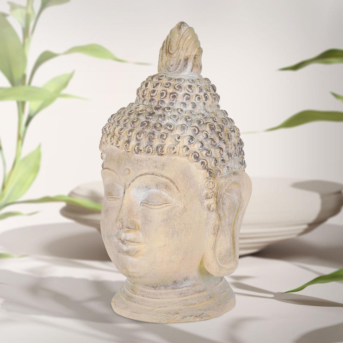 BUDDHA KOPF STATUE 55 cm Beige/Grau aus Polyresin - Beige, Kunststoff (30/55/30cm) - ECD-Germany