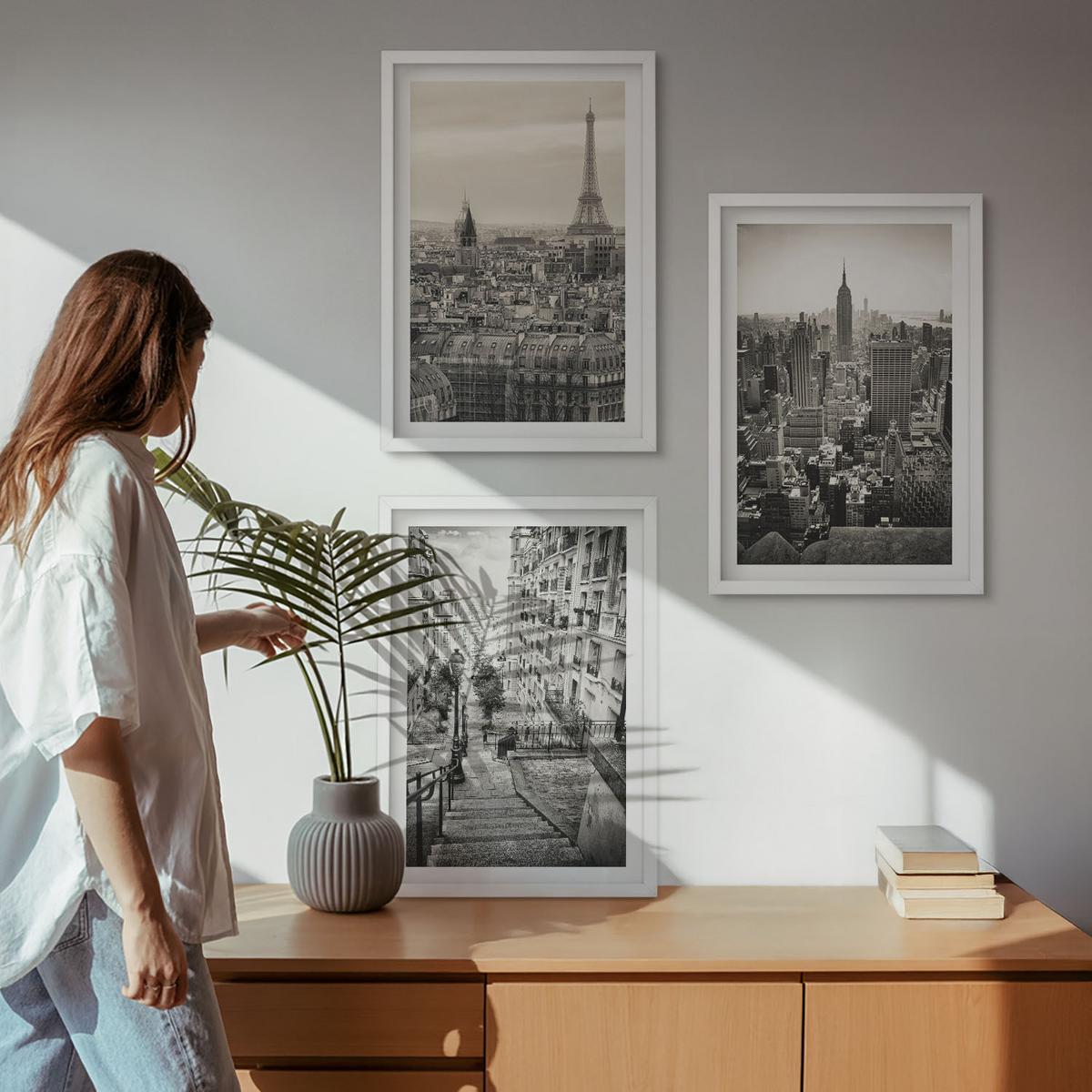 BILDER SET 3er Set - 40x60 cm Weißer Rahmen - Aussicht Paris New York Treppen - Weiß, Kunststoff (40/60cm) - TULUP