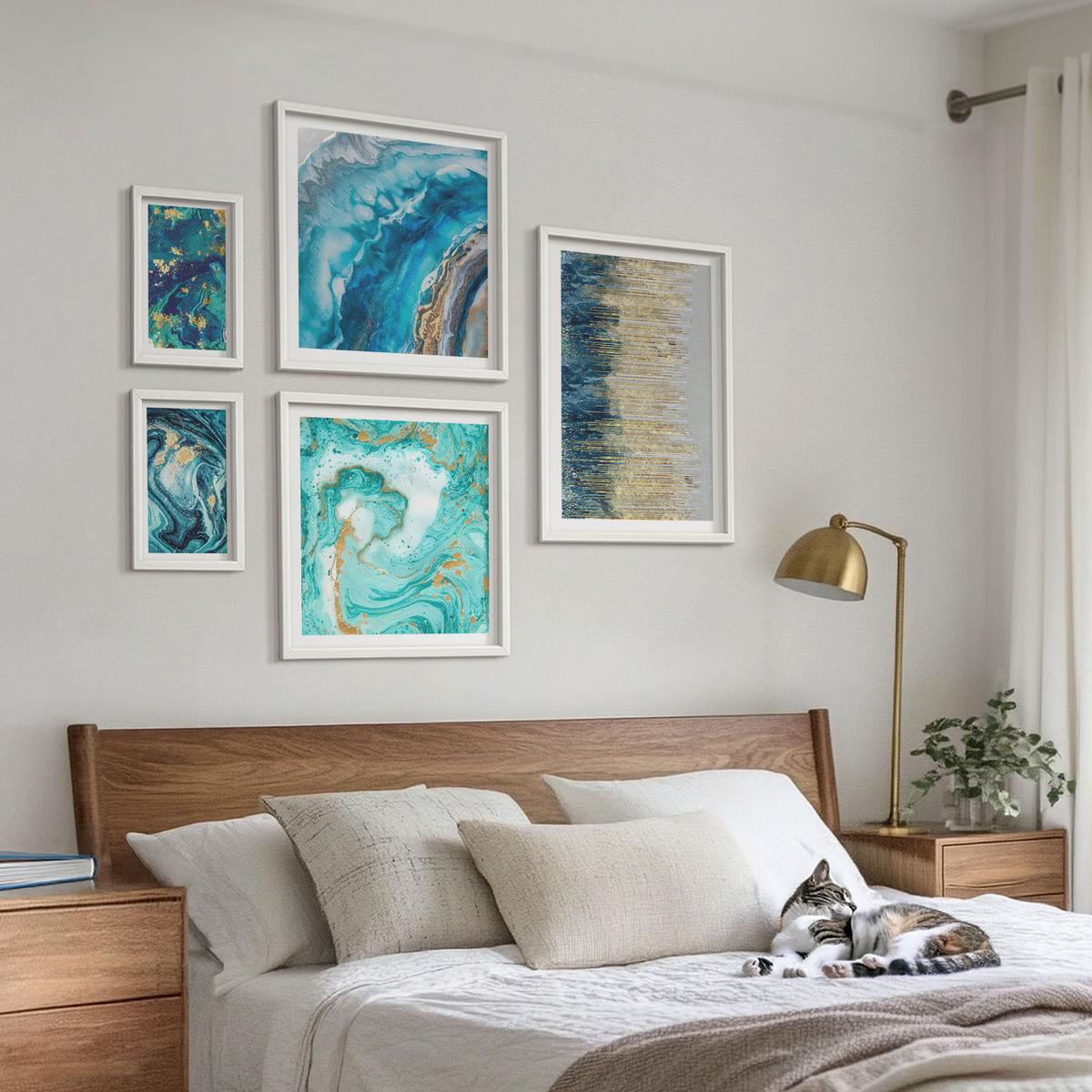 BILDER SET 5er Set - 50x50 cm & 20x30 cm & 40x60 cm Weißer Rahmen - Wilde Landschaften, Berge, Hirsche - Weiß, Kunststoff (40/60cm) - TULUP