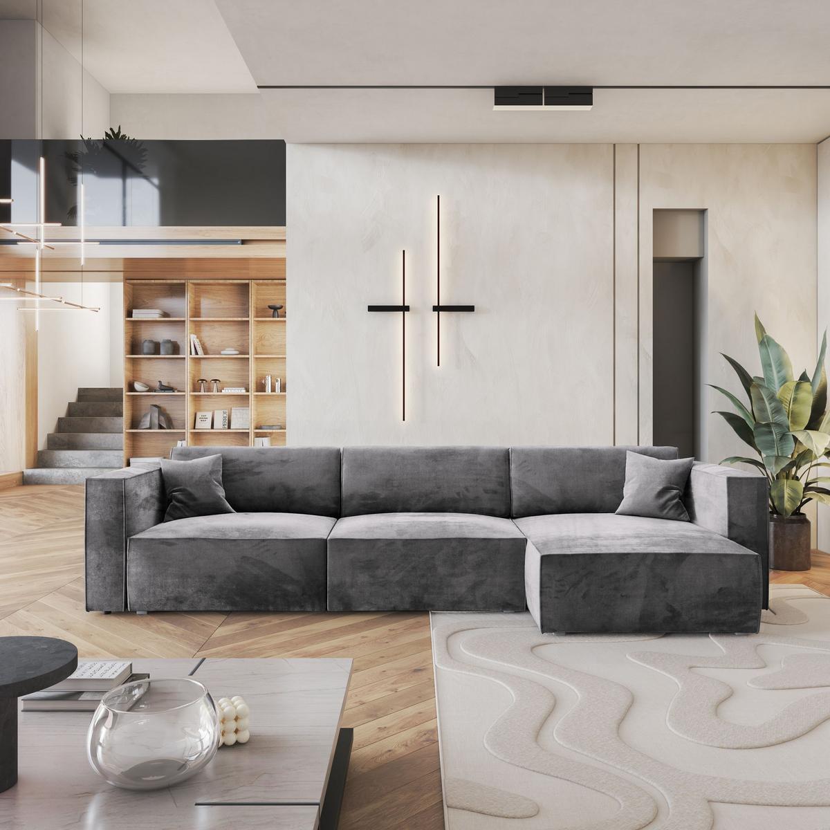 ECKSOFA TOLMO M Grau Velours-Stoff mit Schlaffunktion - Grau, Holz/Kunststoff (347/148cm) - MASSENO