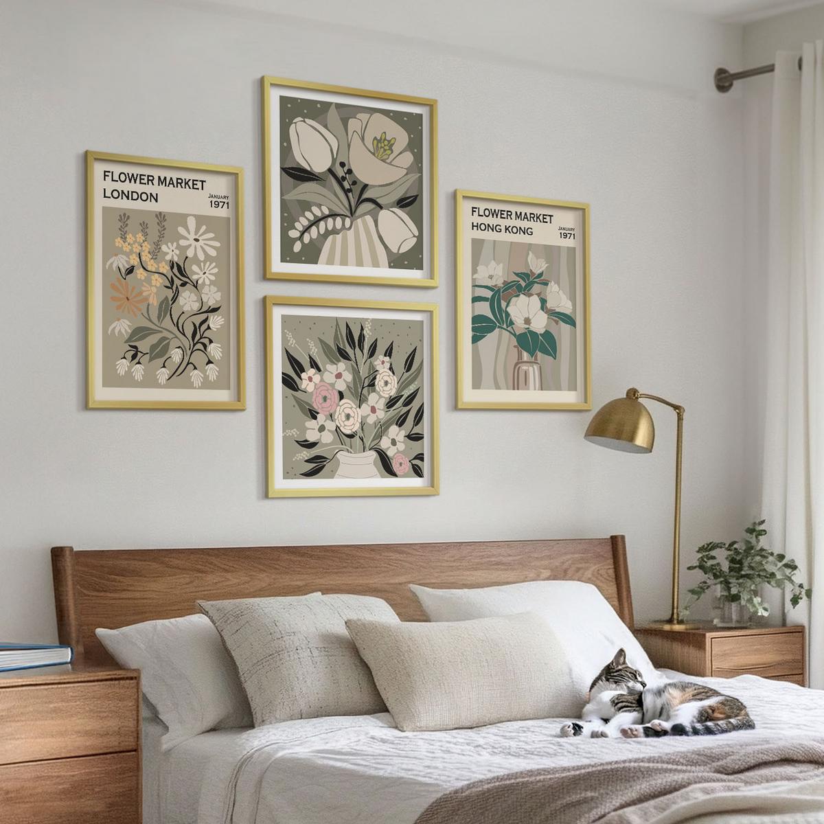 BILDER SET 4er Set - 50x50 cm & 40x60 cm Goldrahmen - Blumenillustrationen London Hongkong - Goldfarben, Kunststoff (50/50cm) - TULUP