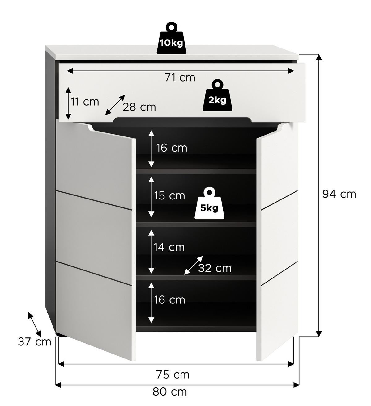 SCHUHKOMMODE weiß, grau, Flurkommode 80 x 94 cm, Vollauszug und Soft-Close - Schwarz/Weiß, Holzwerkstoff/Kunststoff (80/94/37cm) - Inn.Furn