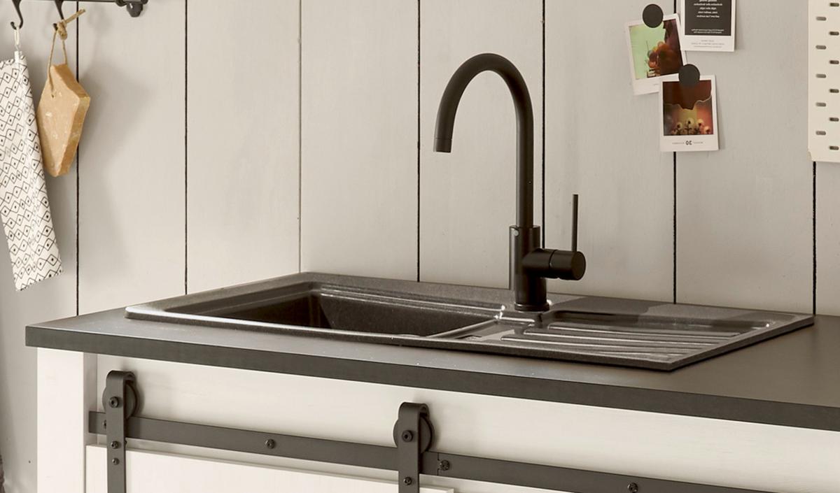 KÜCHEN-SET weiß Pinie, anthrazit 4-teilig 264 cm, Küchenschrank Set im Landhaus-Stil - Anthrazit/Schwarz, Holzwerkstoff/Metall (264/200/64cm) - Furn.Design