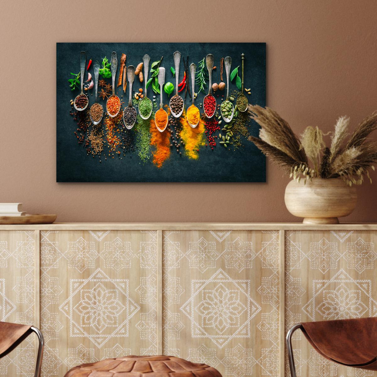 METALLBILD Kräuter - Gewürze - Löffel Wandbild 60x40 cm - Currygelb, Metall (60/40cm) - MuchoWow