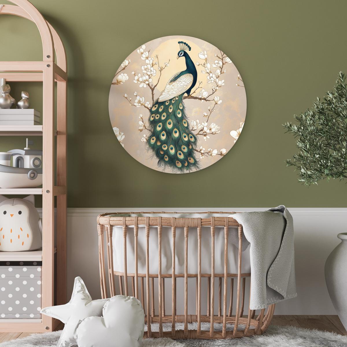 WANDBILD Pfau - Zweig - Blumen Wanddeko Schlafzimmer 60x60 cm - Champagner, Kunststoff (60/60cm) - MuchoWow