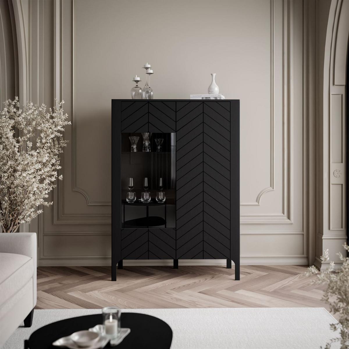 GLASVITRINE LUMI, Schwarz - Schwarz, Holzwerkstoff (103/130/41cm) - Lookway