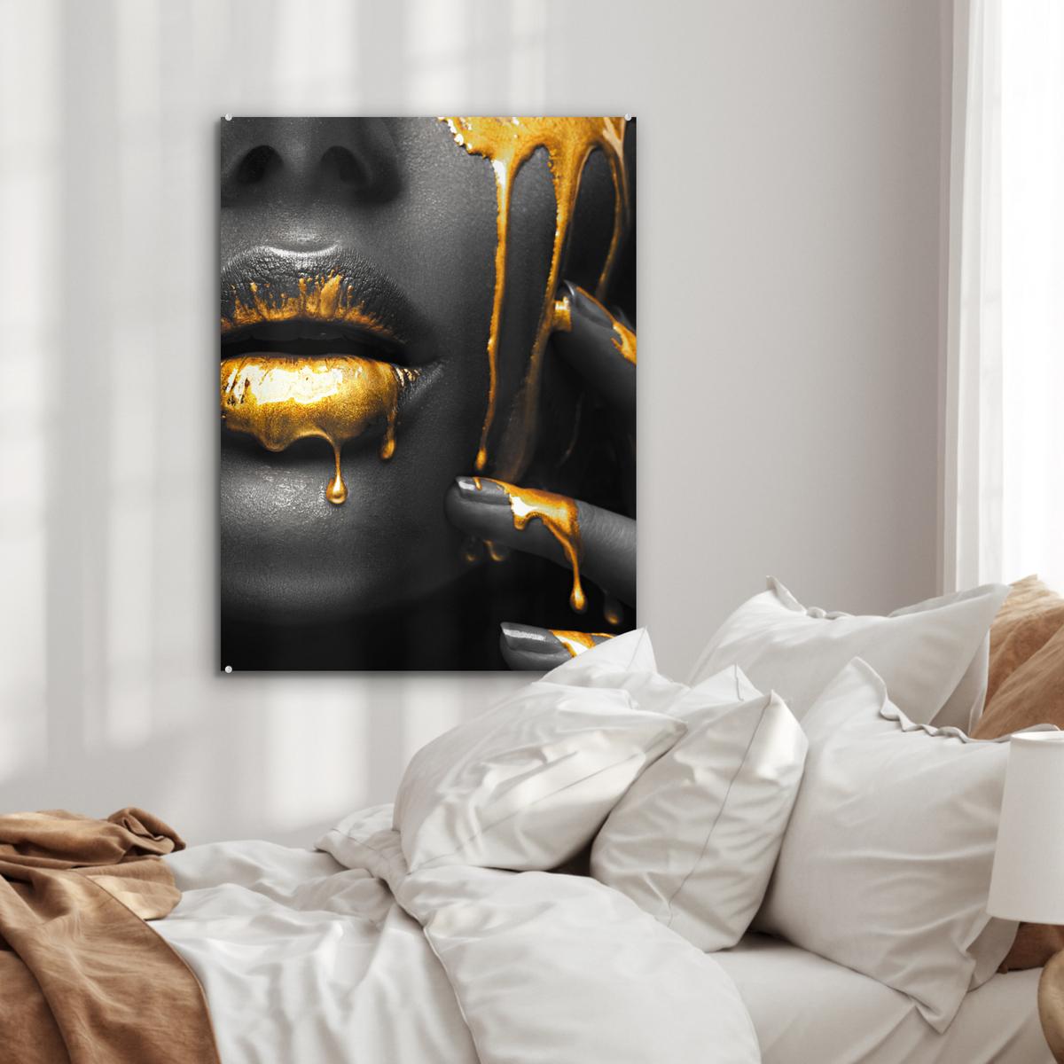 ACRYLGLASBILD Frau - Schwarz - Gold - Gesicht - Lippen 60x80 cm - Goldfarben, Glas (60/80cm) - MuchoWow