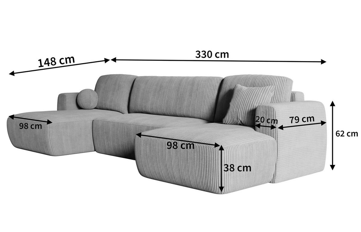 WOHNLANDSCHAFT SENTUM P Grün Kordstoff mit Schlaffunktion - Schwarz/Grün, Holz/Kunststoff (330/90/148cm) - MASSENO