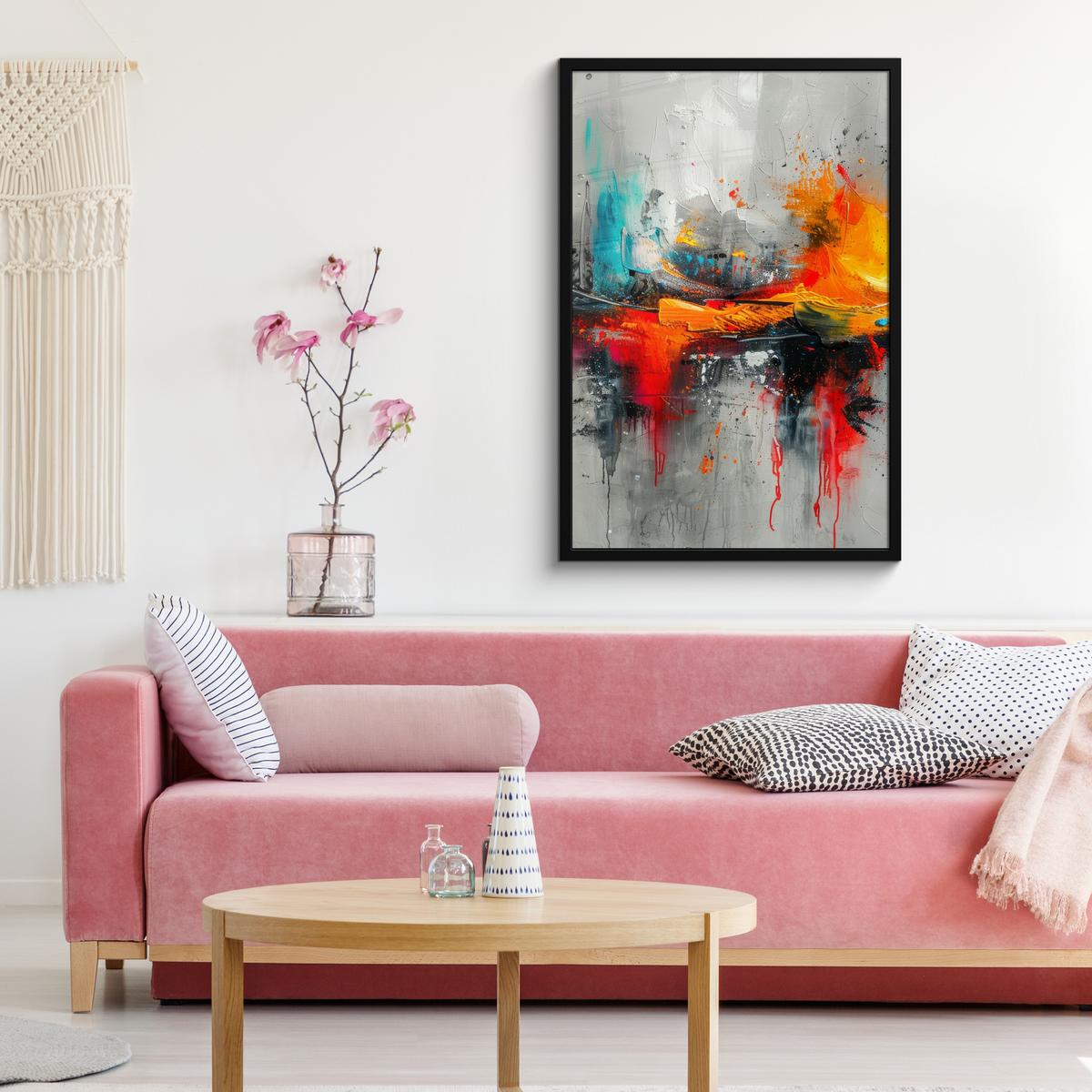 POSTER MIT RAHMENGERAHMTES BILD Moderne Kunst - Orange - Grau - Abstrakt 60x90 cm - Hellgrau, Papier (60/90cm) - MuchoWow