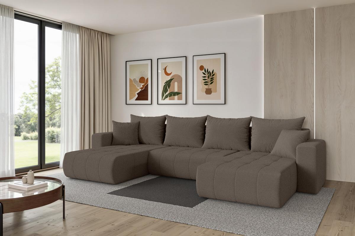 WOHNLANDSCHAFT mit Schlaffunktion und Bettkasten MILA-U 378x194x86 Braun Bouclé - Schwarz/Braun, Holzwerkstoff/Kunststoff (378/86/194cm) - ALTDECOR
