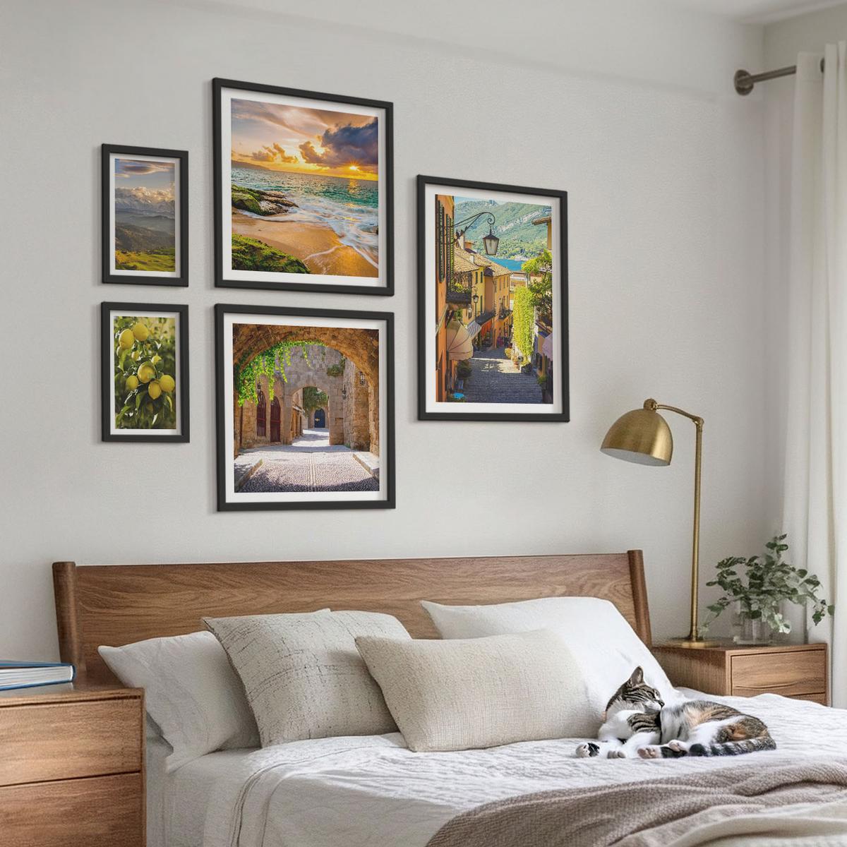 BILDER SET 5er Set - 50x50 cm & 20x30 cm & 40x60 cm Schwarzer Rahmen - Malerische Straßen am Meer, Strand - Schwarz, Kunststoff (40/60cm) - TULUP
